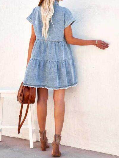 Raw Hem Short Sleeve Denim Dress for Casual Style