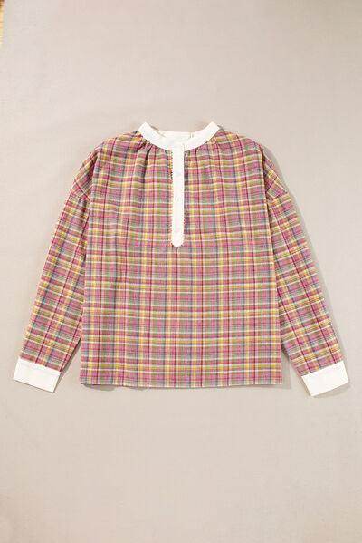 Multi-Color Plaid Round Neck Long Sleeve Blouse for Women