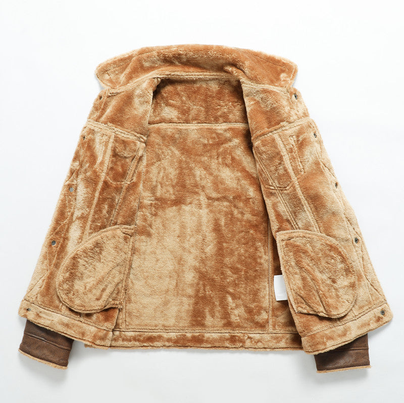 Fur-trimmed Lapel Jacket For Men, Winter Fleece-lined Coat