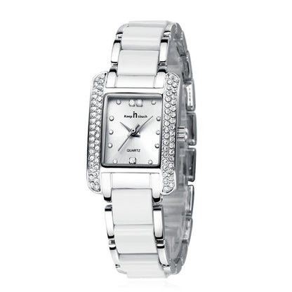 New Womens High End Quartz Square Watch With Ceramic Look And Diamond Accents