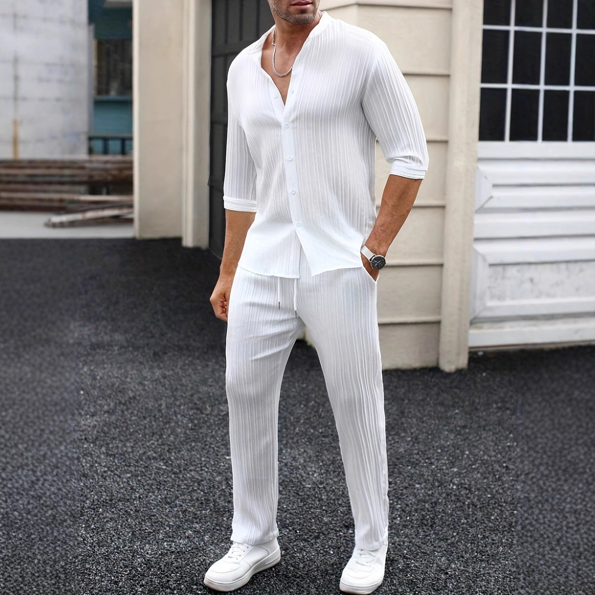 Mens Solid-Color SpringSummer Shirt And Pants Set