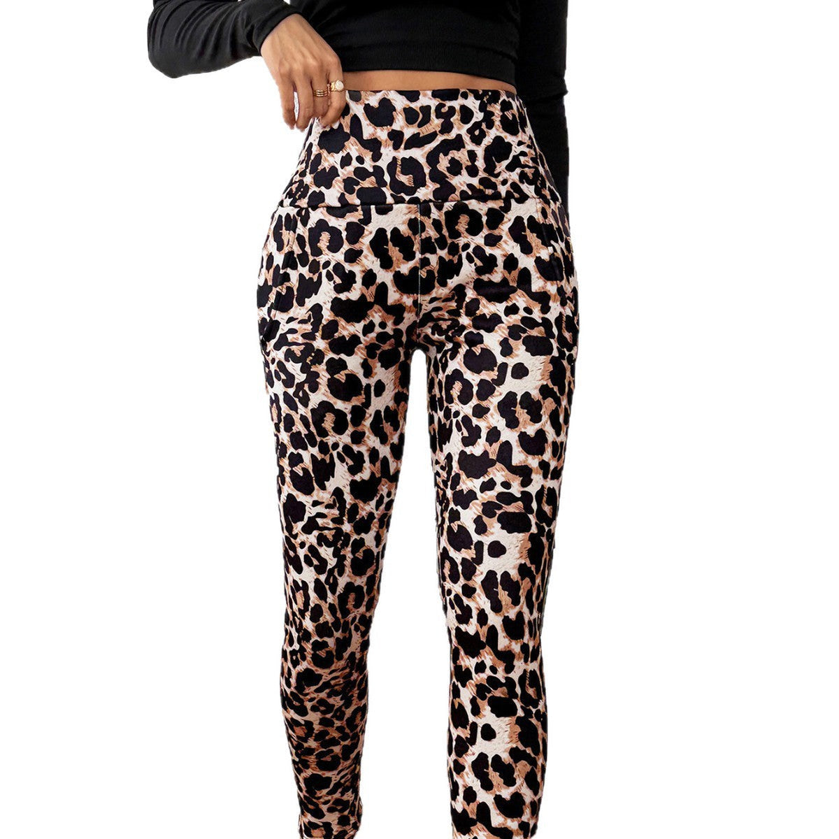 Leopard Print Cashmere Leggings High Waist Slimming And Velvet Padded Warm Side Pocket