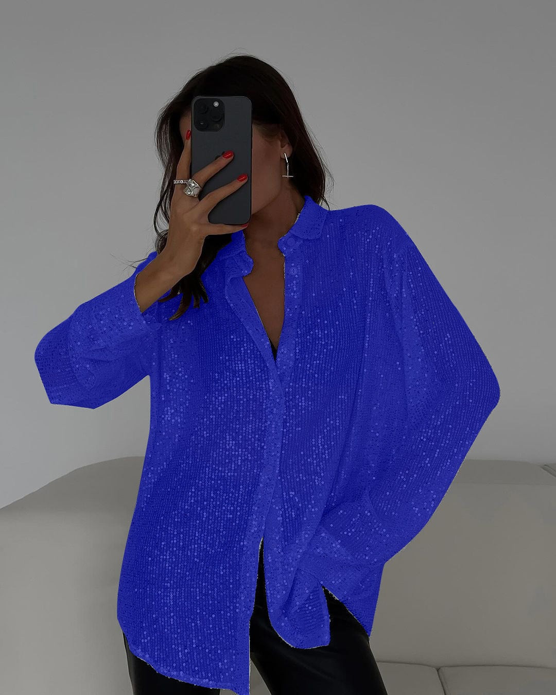 Spring Summer New European And American Sequin Top With Turn-down Collar, Long Sleeve Cardigan, Basic Cross-border Women's Shirt Jacket