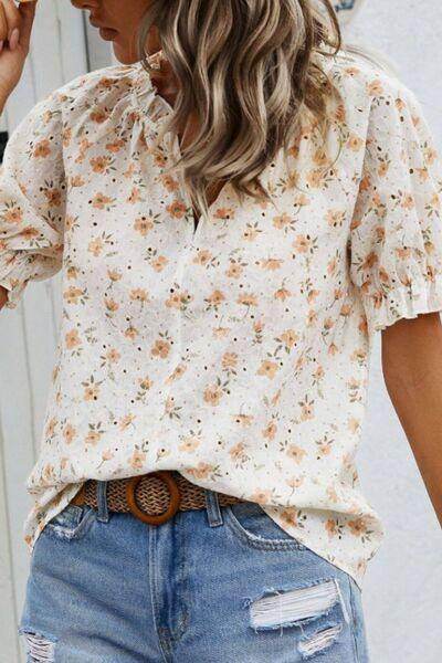 Frill Printed Notched Short Sleeve Blouse for Women
