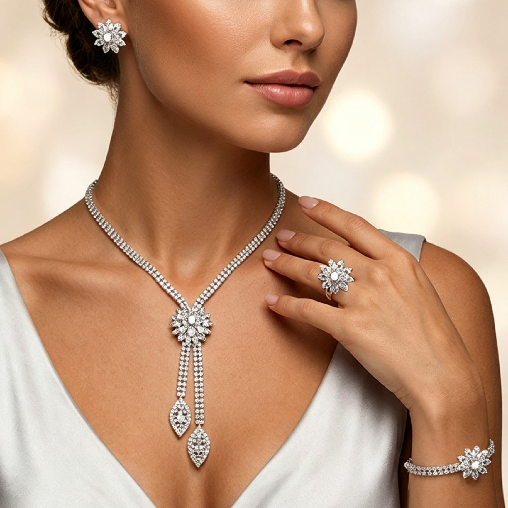 Flower Zircon Necklace Earring Bracelet Three-piece Set