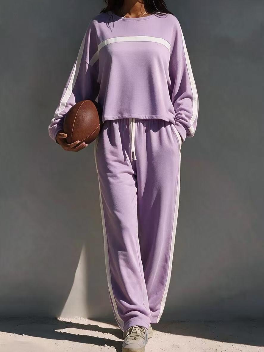 Striped Color-Block Casual Sporty Crew-Neck Sweatsuit Two-Piece Set