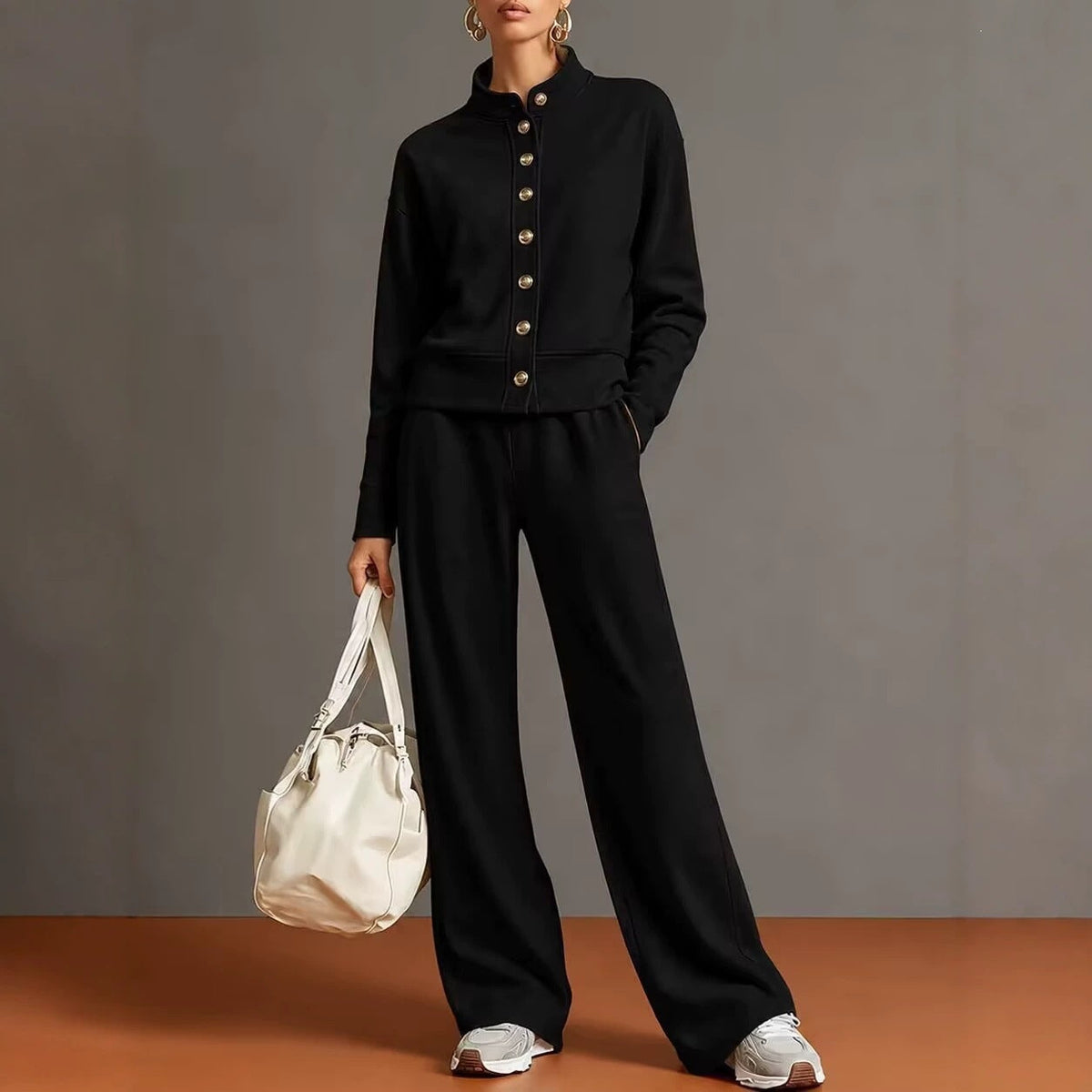 Stand-collar Cardigan And Wide-leg Pants Set