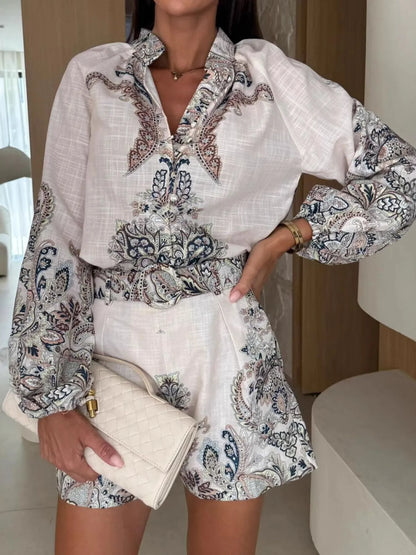 Printed Long Sleeve Shirt and Shorts Set