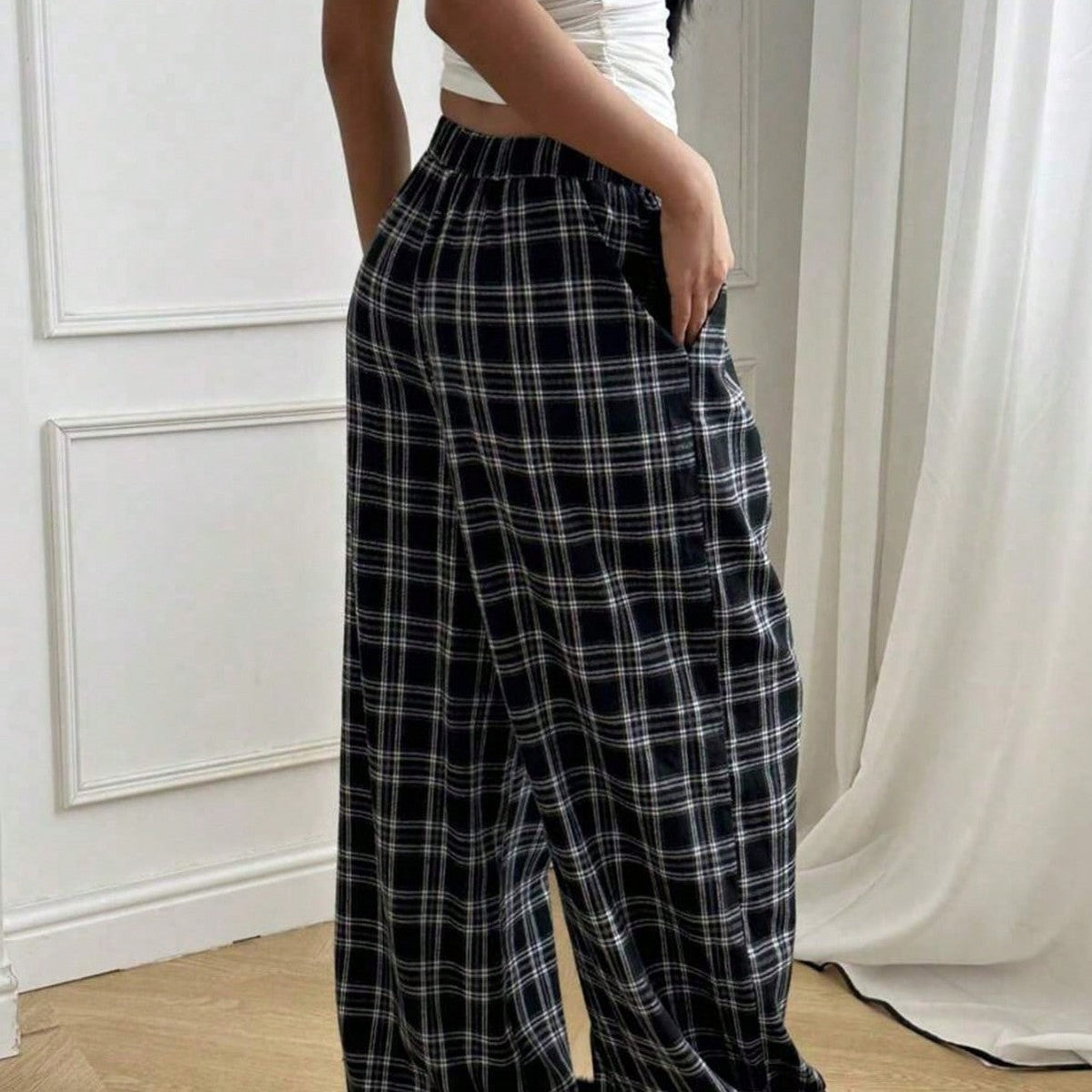 Women's Plaid Casual High-Waisted Wide-Leg Pants With Drawstring