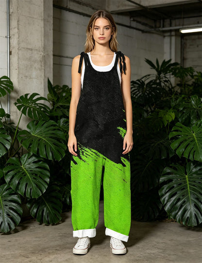 Women Black Green Lightning Print Tie Strap Overalls, Loose Wide Leg Rolled Cuff Casual Jumpsuit With Pockets