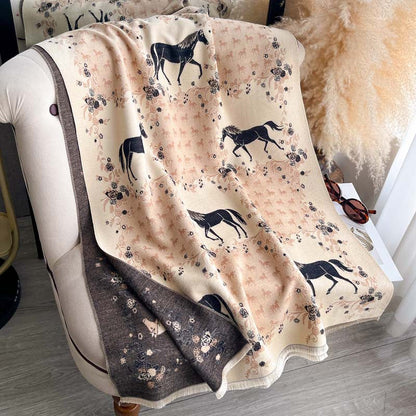Vintage Floral And Galloping Horse Jacquard Tassel Scarf