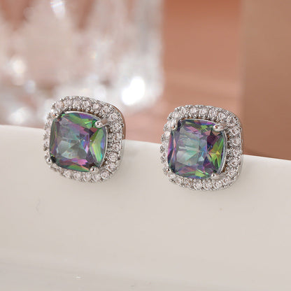 Rainbow Square Crystal Stud Earrings Silver Tone Brass Women Elegant Party Fashion Jewelry Sparkling Statement