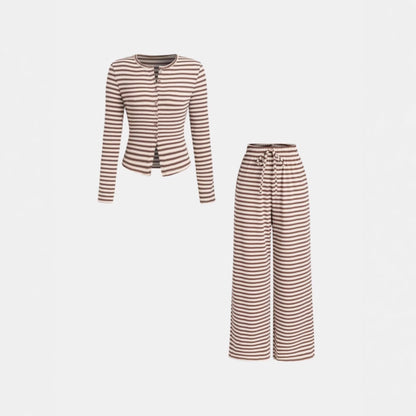 Women's Striped Single-breasted Knit Long-sleeve Pants Set