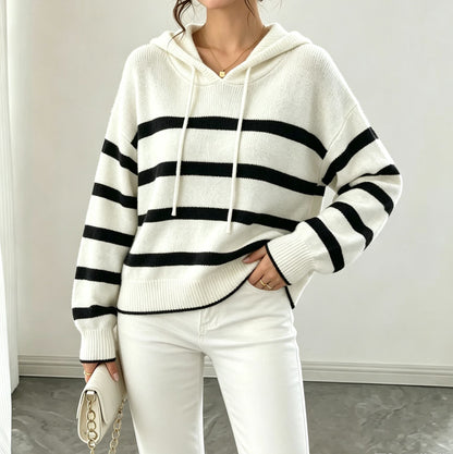 Womens Striped Knitted Hooded Pullover Sweater