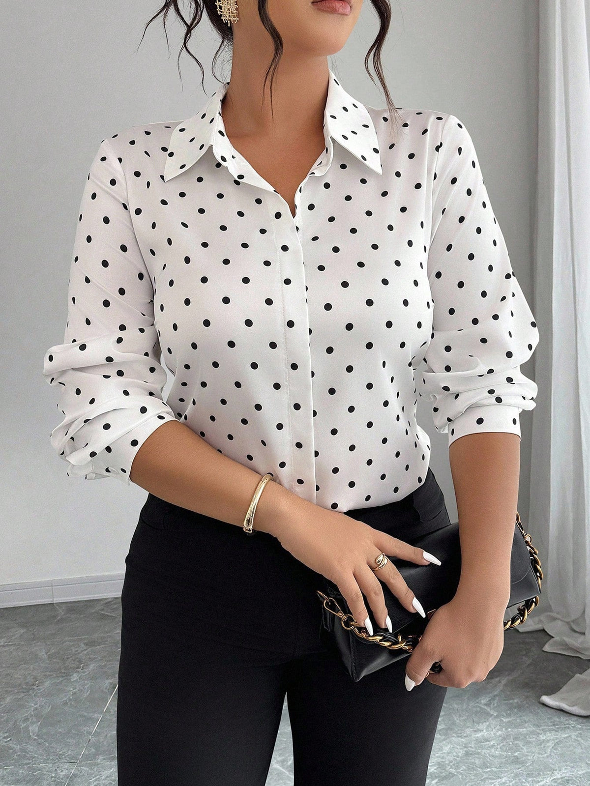 Women's Long-sleeve Polka-dot Slim-fit Lapel Blouse