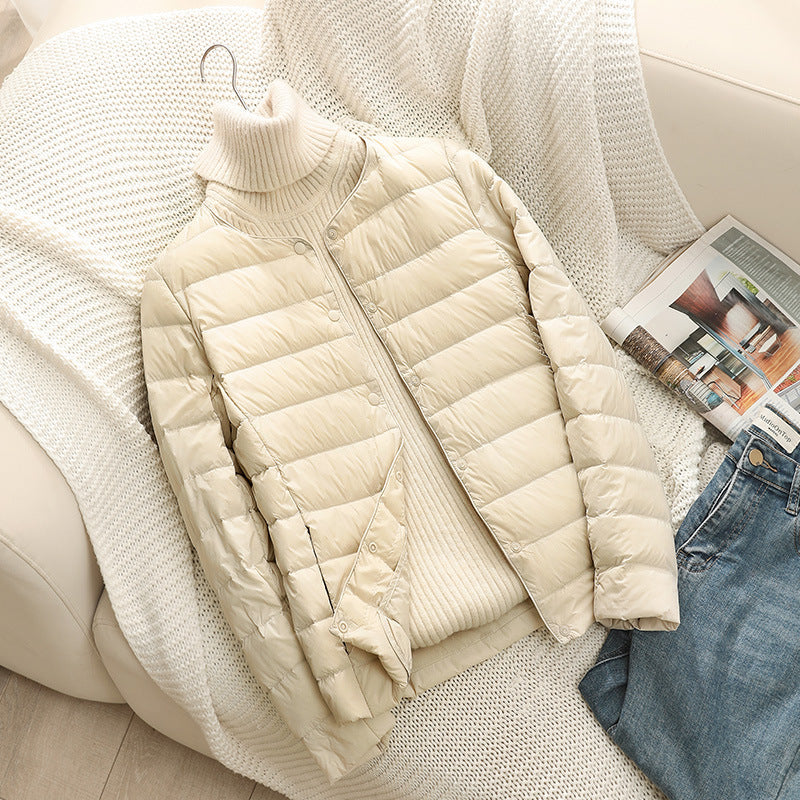 Round-neck Long-sleeved White Down Jacket In Large Size