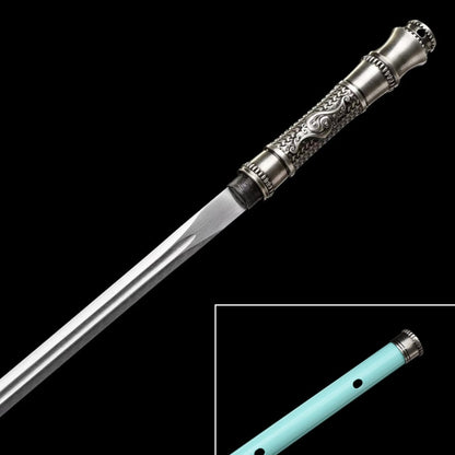 Integrated Sword & Blade Handmade Long Blade Flute Sword Blade-in-Staff Sword Extended Staff Blade Musical Instrument Gift Unsharpened