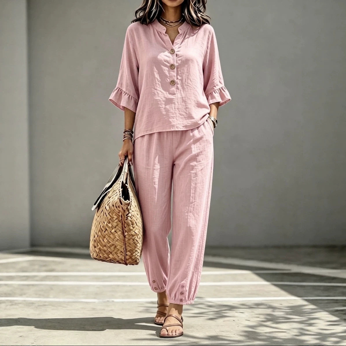 Three-quarter-sleeve Top And Cropped Pants Two-piece Set