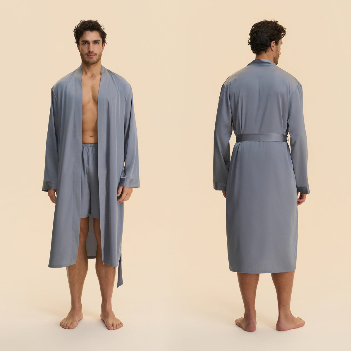 Mens Solid-Color Long Nightgown And Shorts Satin Bathrobe Loungewear Set