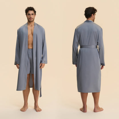 Mens Solid-Color Long Nightgown And Shorts Satin Bathrobe Loungewear Set
