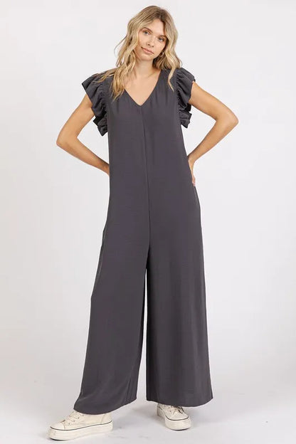 Mittoshop V-Neck Ruffled Cap Sleeve Wide Leg Jumpsuit