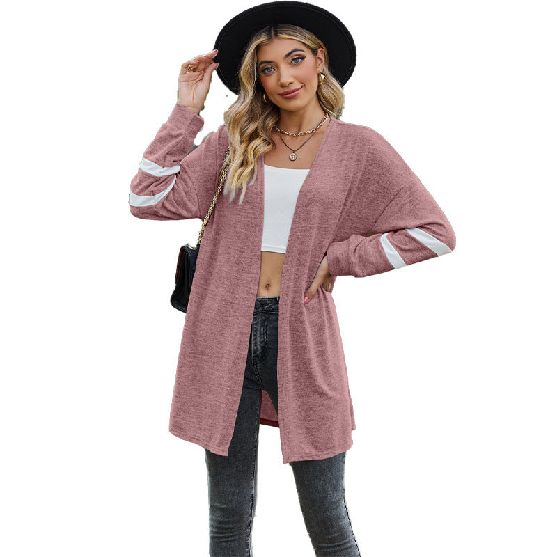 Women's Long-sleeved Stitching Contrast Color Knitted Cardigan