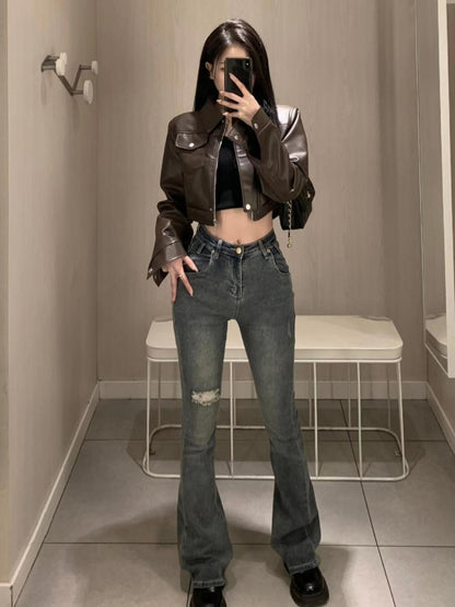 Retro Coffee Leather Moto Jacket