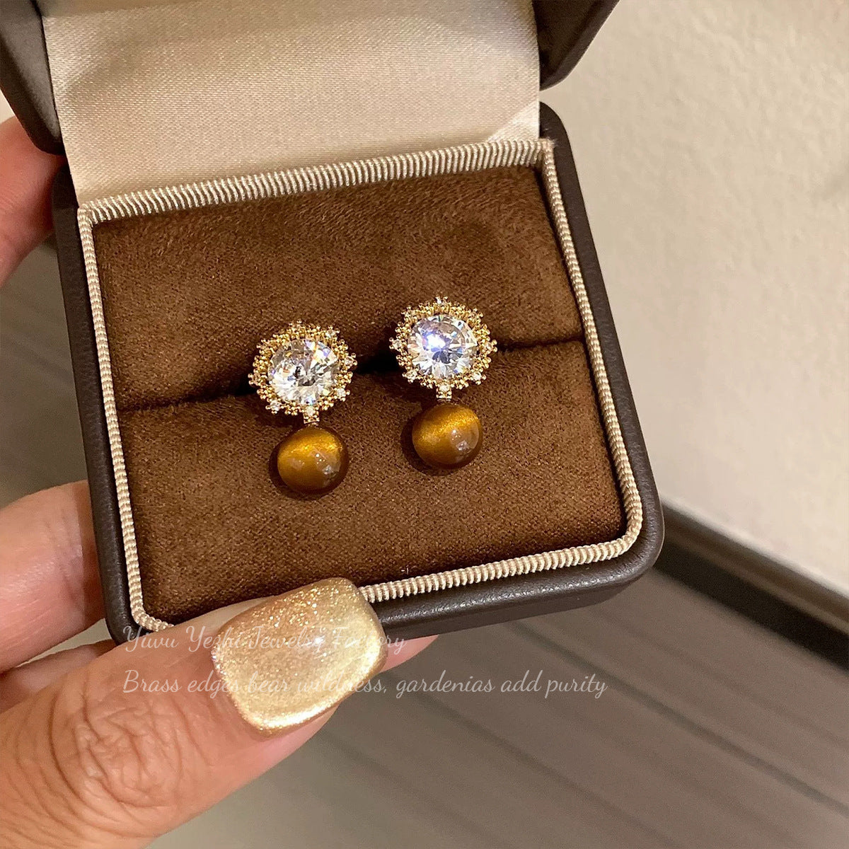 Melard Vintage Sunflower Diamond-studded Earrings, Tiger's Eye Stone And Pearl, Light Luxury, High-end, Versatile, Everyday Women's Earrings