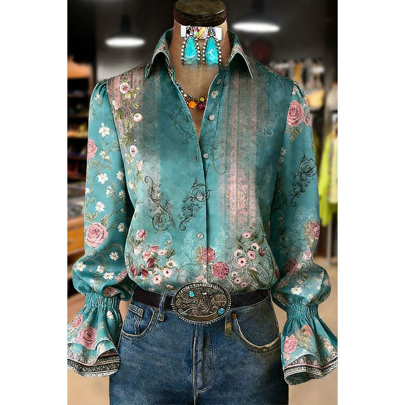 Women's Lace-trimmed Long-sleeve Collared Blouse