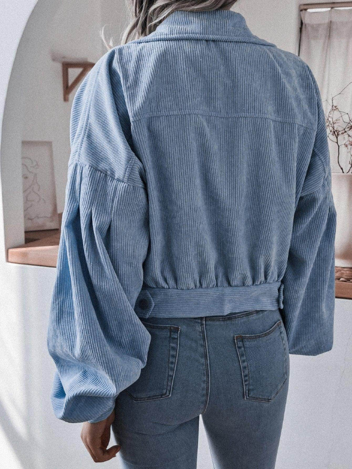 Lantern Sleeve Cropped Corduroy Jacket for Stylish Comfort