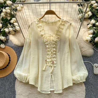 Womens Solid-Color Silk-Panel V-Neck Lace-Up Shirt