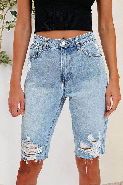 Distressed Pocketed Denim Shorts for Women - Stylish Fit