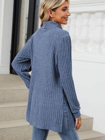 Slit Mock Neck Long Sleeve T-Shirt for Women with Pocket