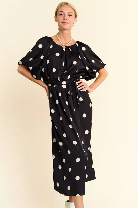 Davi & Dani Polka Dot Puff Sleeves Waist Tie Midi Dress