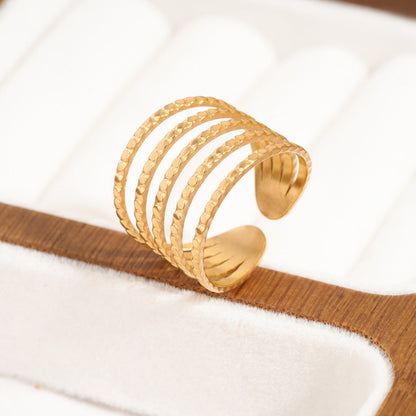 European American Fashion Open Adjustable Stainless Steel Ring For Women, Unique Line Design, Trendy Retro Hand Jewelry