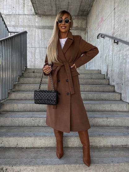 Double-breasted Lapel Split Jacket With Belt Winter Fashion Casual Long Sleeve Button Daily Coats For Women Clothing