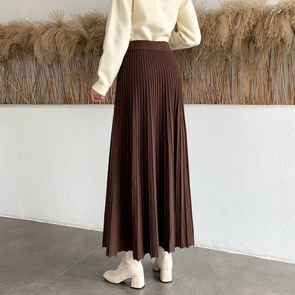 Pleated Knit Skirt AutumnWinter High-Waisted Stretchy Hip-Covering Long Flared Style