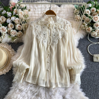 Womens Solid-color Intricately Beaded Three-dimensional Floral Ruffle-neck Blouse