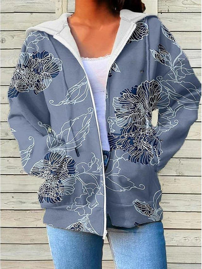 Womens Fashionable Casual Printed Zip-Up Hoodie