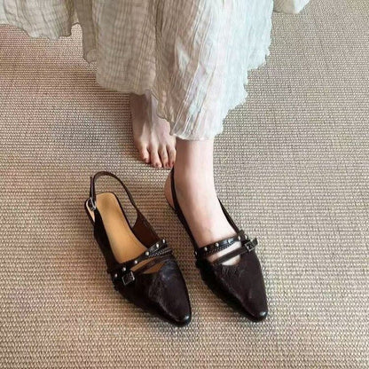 Women Retro Punk Rivet Studded Double Strap Slingback Flats, Pointed Toe Wrinkled Distressed Leather Cutout Metal Buckle Backless Slip On Casual Daily Mule Sandals