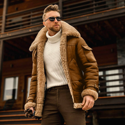 Men's Faux Fur-lined Thick Imitation Leather Jacket