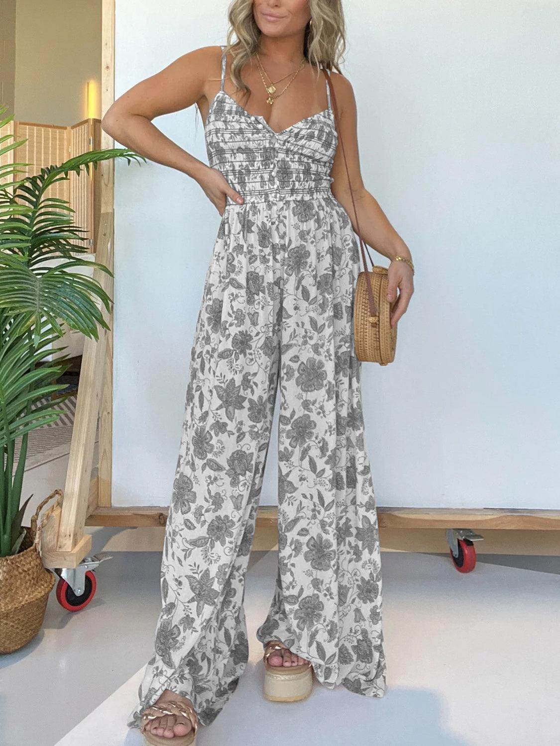 Full Size Printed Spaghetti Strap Wide Leg Jumpsuit for Women