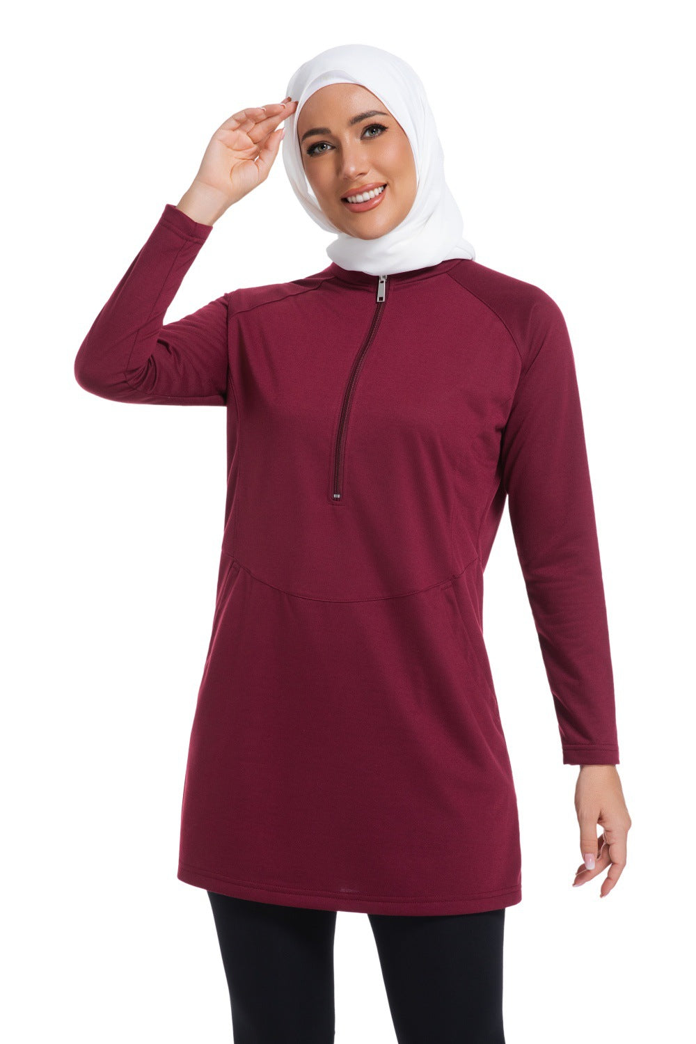 Womens Solid-color Long-sleeve Zip-up Hoodie