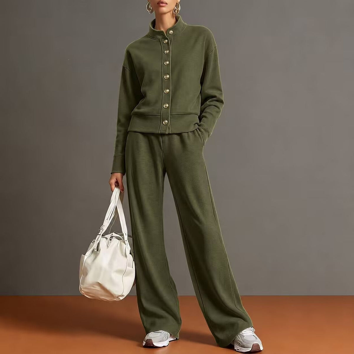 Stand-collar Cardigan And Wide-leg Pants Set
