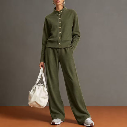 Stand-collar Cardigan And Wide-leg Pants Set