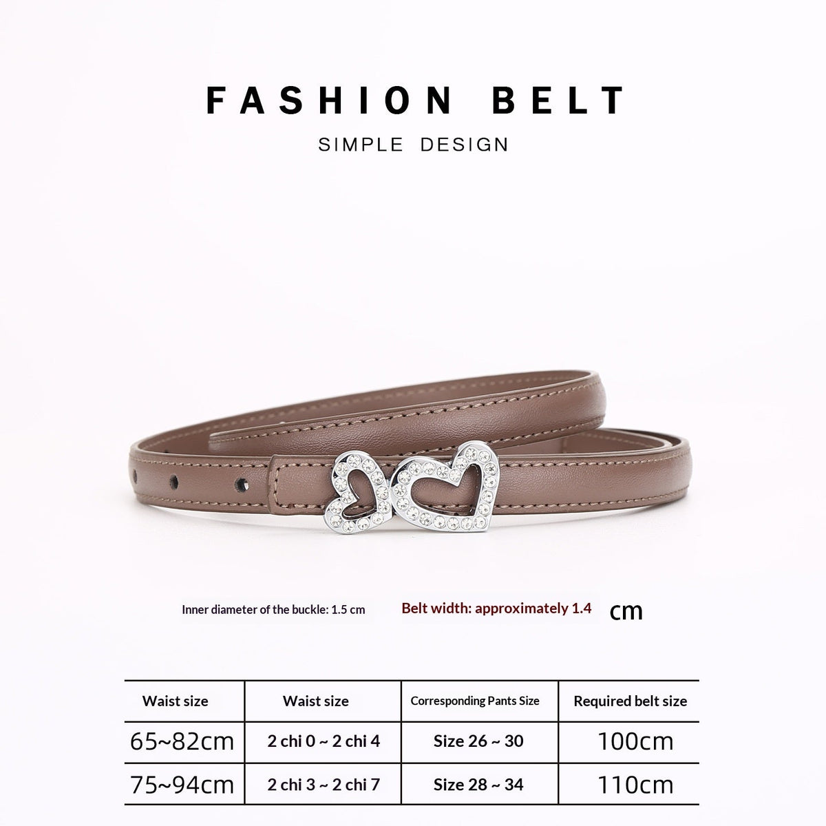 Genuine Cowhide Women's Slim Belt - Heart Shape Rhinestone Decorated Thin Waist Strap for Dress