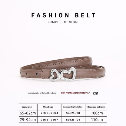Genuine Cowhide Women's Slim Belt - Heart Shape Rhinestone Decorated Thin Waist Strap for Dress