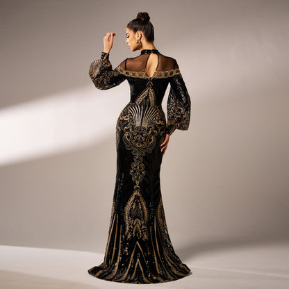 Long Sleeve Round Neck Sequins Mesh Fishtail Evening Dress