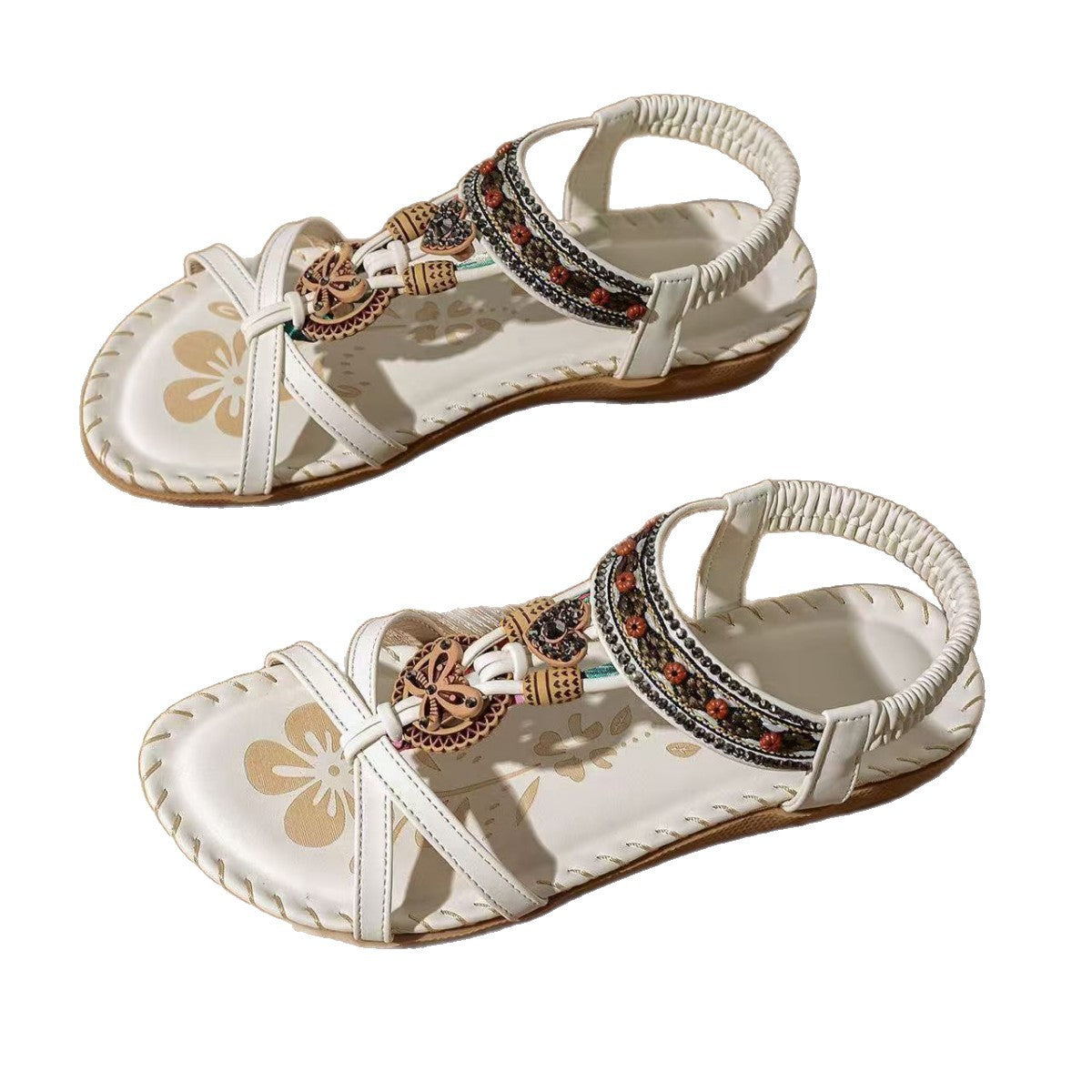 Handmade Wooden Buckle Bow Rhinestone Flat Sandals