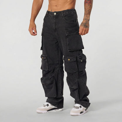 Mens Retro-style Loose-fit Washed Straight-leg Denim Jeans With Multiple Pockets